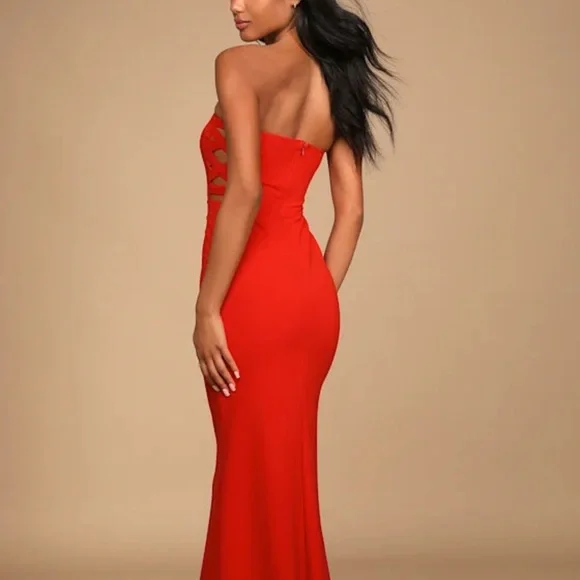 Lulus Red Strapless Gown Dress S NWT Side Cutout Formal Maxi Evening Prom - Picture 4 of 7